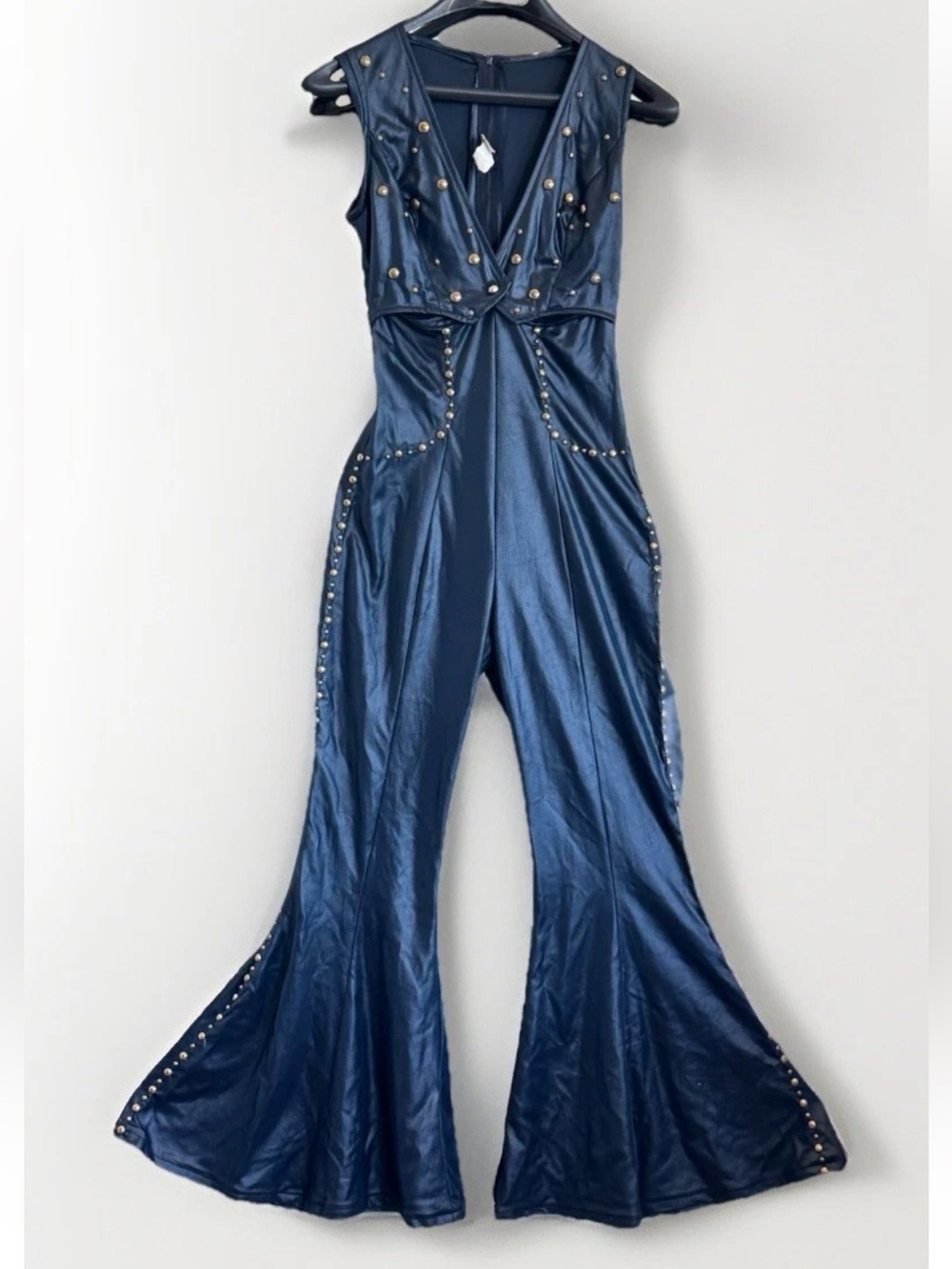 70s Frederick’s Hollywood Black Studded Disco Bell Bottom Jumpsuit One Piece